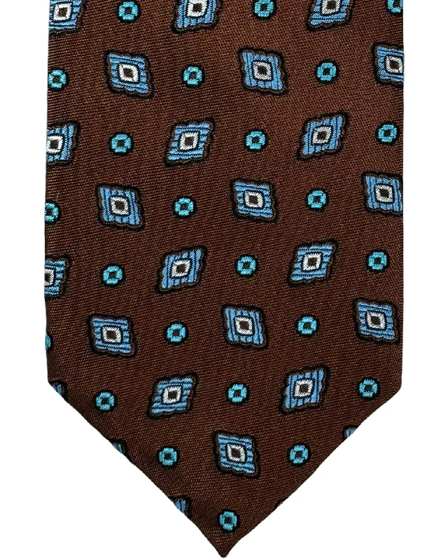 men's striped necktie designs-Barba Sevenfold Tie Brown Aqua Geometric Design - Sartorial Neckwear