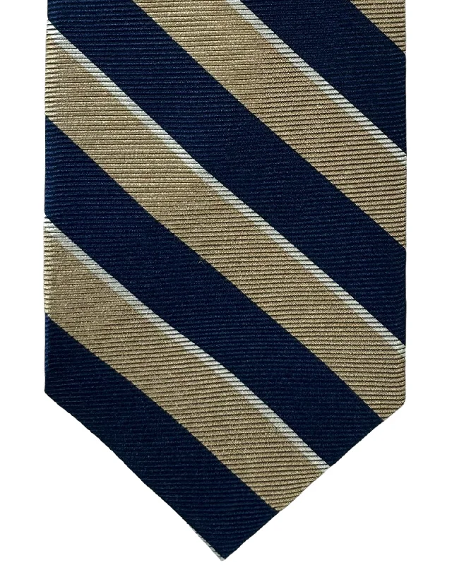 classic silk necktie patterns-Barba Sevenfold Tie Dark Blue Taupe Silver Stripes Design - Sartorial Neckwear