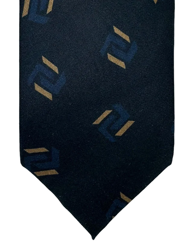 unique silk wedding tie options-Barba Sevenfold Tie Midnight Blue Brown Geometric Design - Sartorial Neckwear