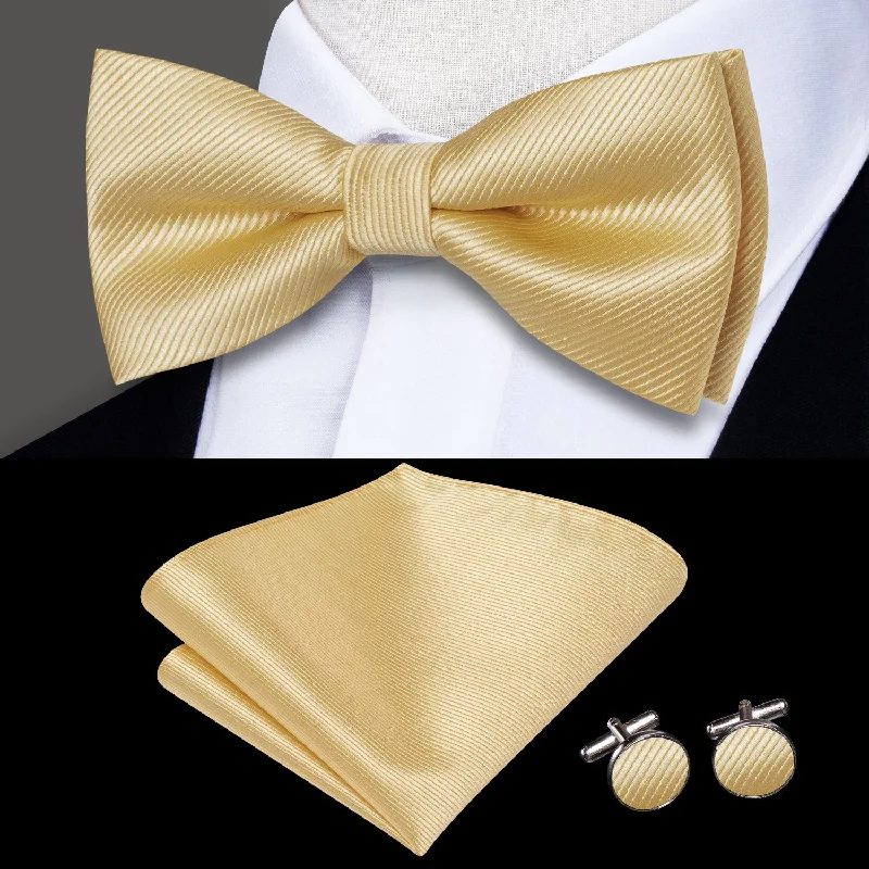 luxurious silk ties for business-Beige Brown Striped Men's Pre-tied Bowtie Pocket Square Cufflinks Set