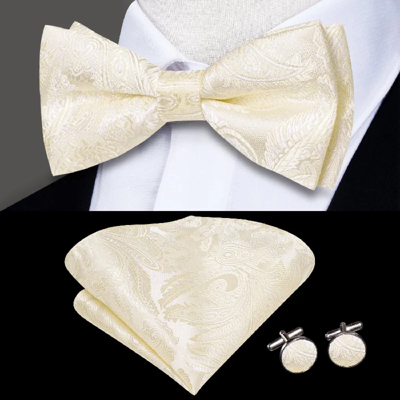 business casual silk bow ties-Beige Paisley Men's Pre-tied Bowtie Pocket Square Cufflinks Set