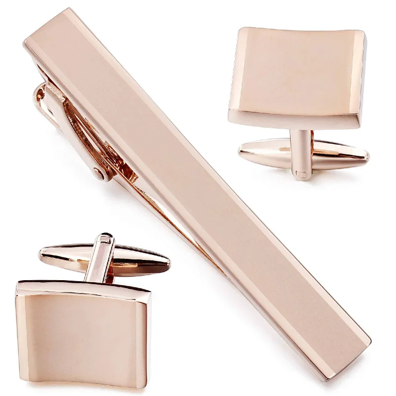 formal event bow ties-Beveled Rose Gold Cufflink & Tie Clip Set