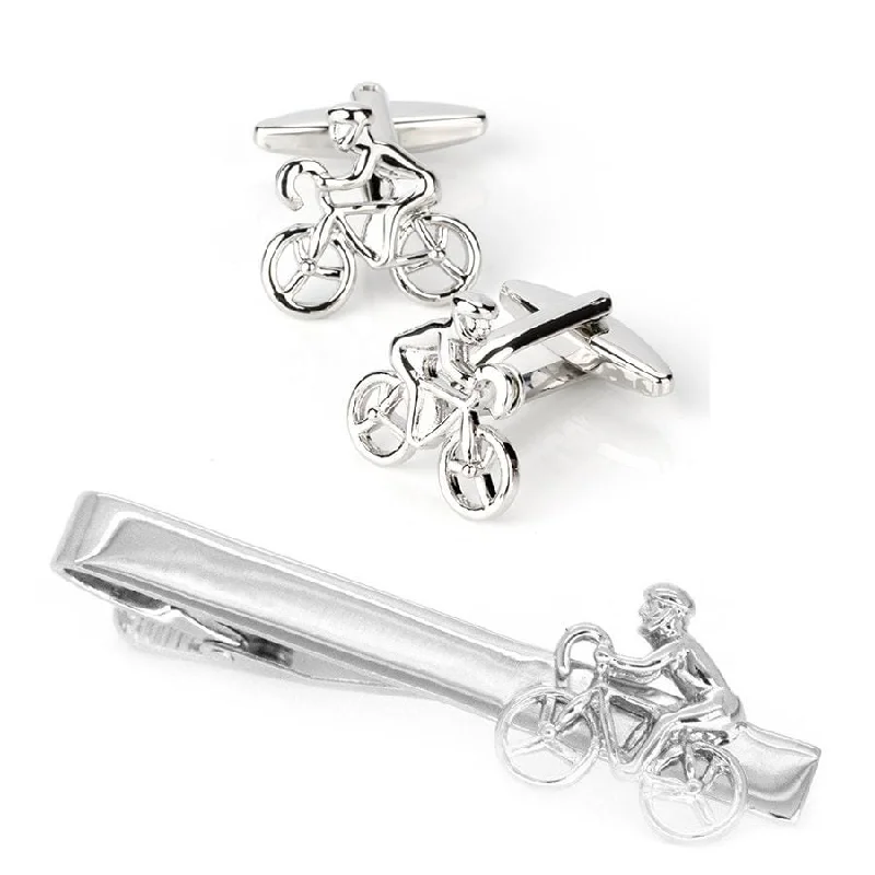 silk neckties for special events-Bicycle Cyclist Silver Cufflinks & Tie Clip Set