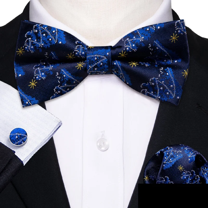 office necktie packs-Black Blue Christmas Tree Men's Pre-tied Bowtie Hanky Cufflinks Set