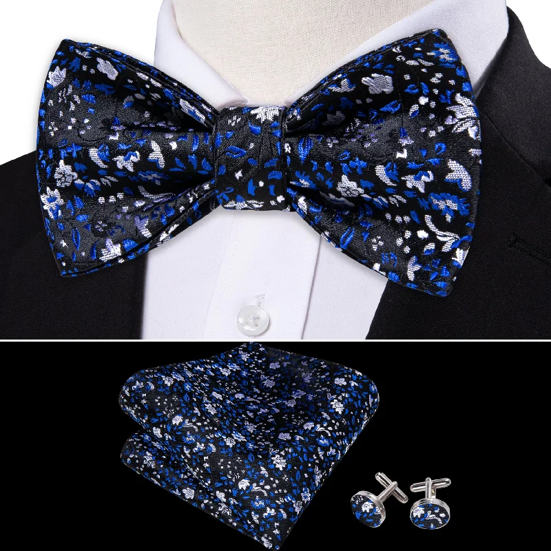 classic plaid neckties-Black Blue Floral Self-tied Bow Tie Pocket Square Cufflinks Set