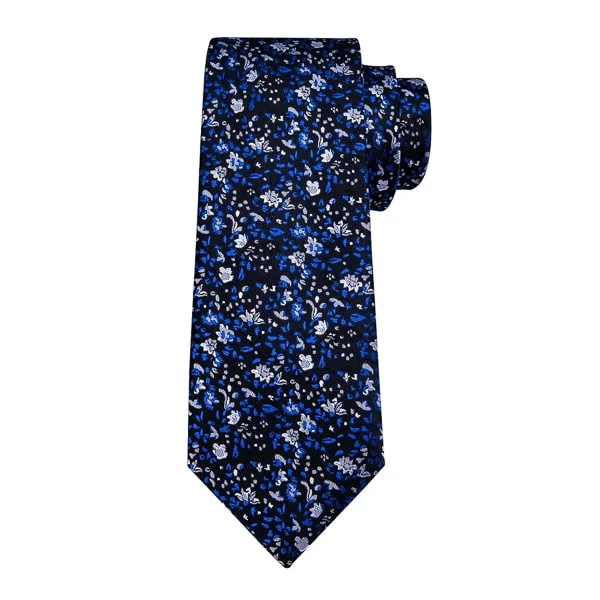 luxury wedding silk necktie sets-Classy Men Black Blue Floral Silk Tie