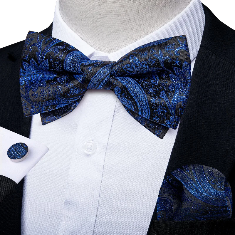 men's silk wedding tie sets-Black Blue Paisley Men Pre-tied Bowtie Pocket Square Cufflinks Set