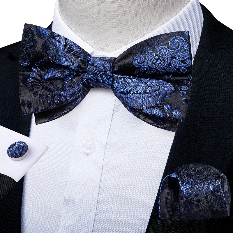 designer necktie sets for office wear-Black Blue Paisley Men's Pre-tied Bowtie Pocket Square Cufflinks Set