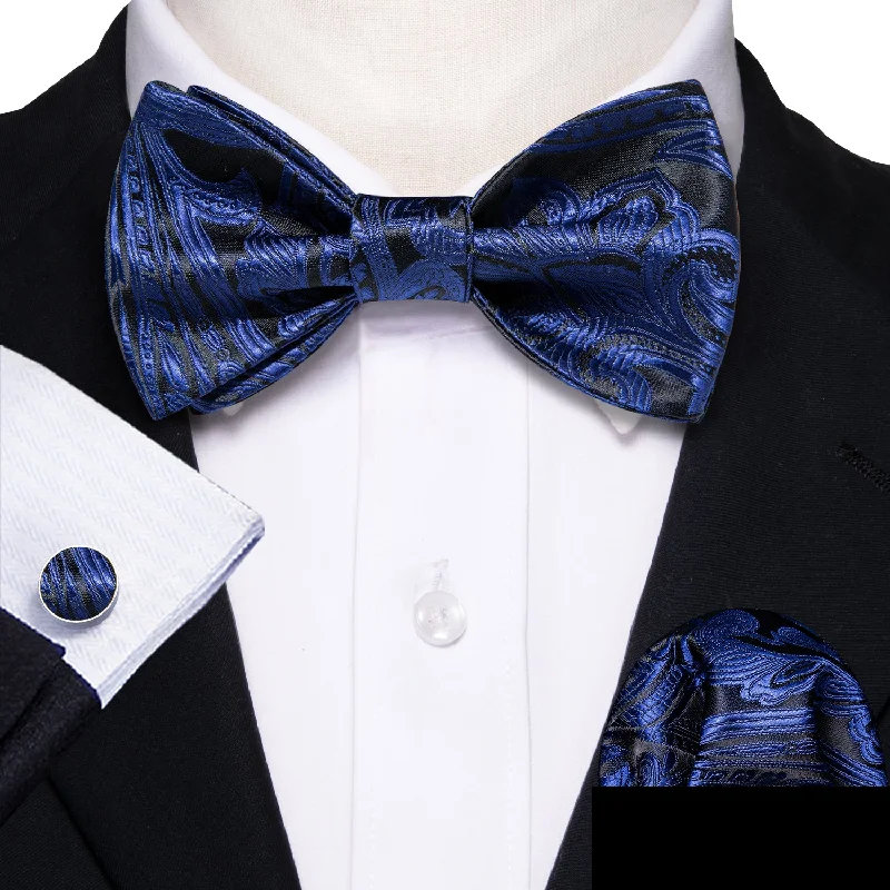 designer necktie brands-Black Blue Paisley Self-tied Silk Bow Tie Pocket Square Cufflinks Set