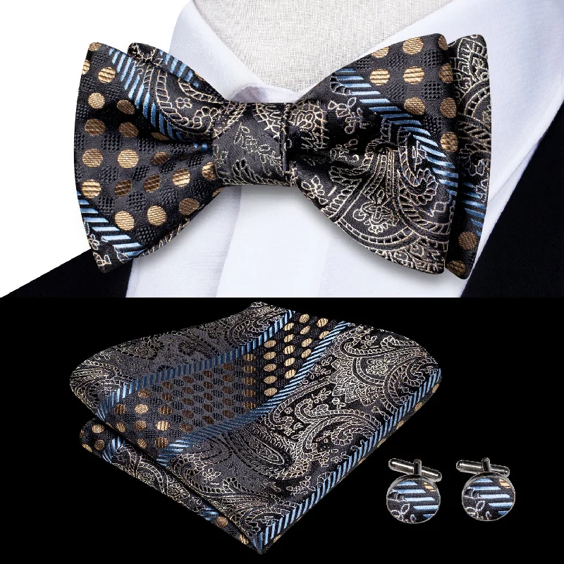 men's silk necktie sets for business-Black Brown Paisley Striped Self-tied Bow Tie Pocket Square Cufflinks Set