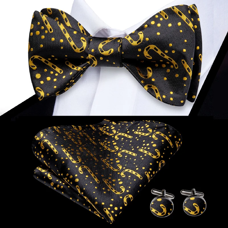 premium necktie designs for office wear-Black Christmas Golden Candy Cane Pre-tied Bowtie Pocket Square Cufflinks Set