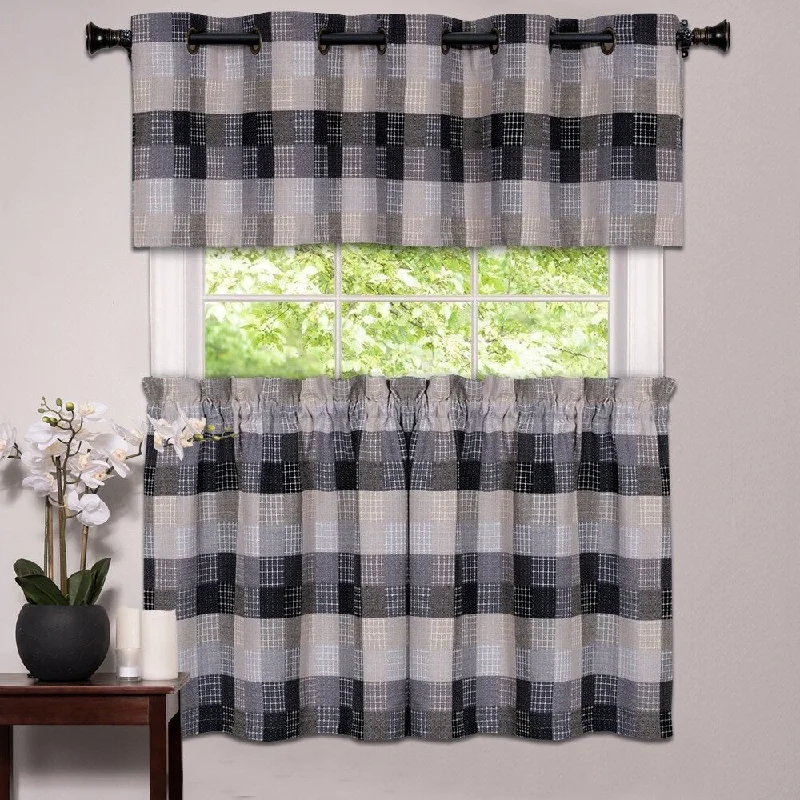 solid color neckties for business-Black Cotton Blend Classic Checkered Decorative Window Curtain Separates Tier Pair or Valance