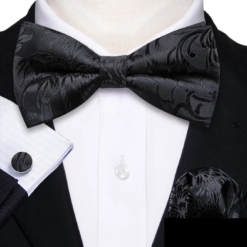 luxury necktie options for men-Black Floral Men's Pre-tied Bowtie Pocket Square Cufflinks Set