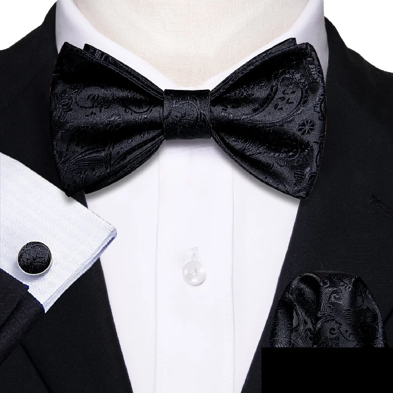 men's necktie trends 2025-Black Floral Self-tied Bow Tie Hanky Cufflinks Set