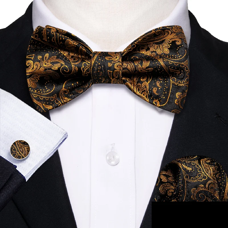 vibrant necktie patterns for office-Black Gold Paisley Self-tied Bow Tie Hanky Cufflinks Set