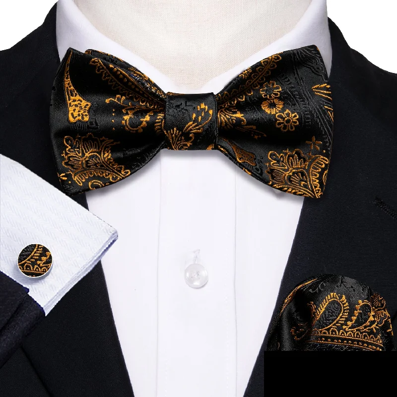 high-end wedding bow ties-Black Gold Paisley Self-tied Bow Tie Hanky Cufflinks Set