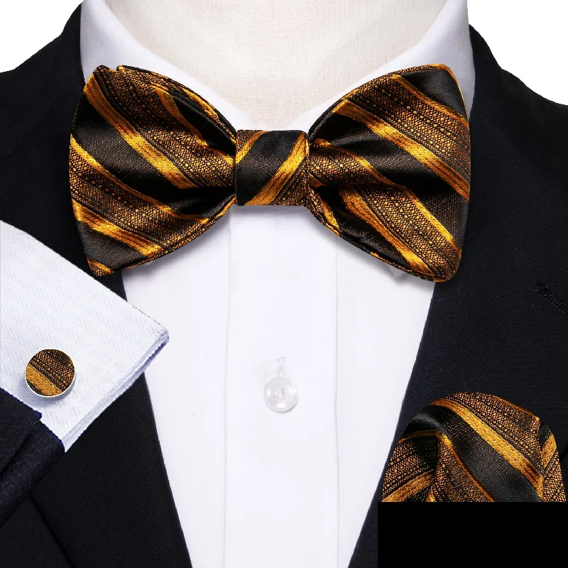 casual wedding bow ties-Black Gold Striped Self-tied Bow Tie Hanky Cufflinks Set