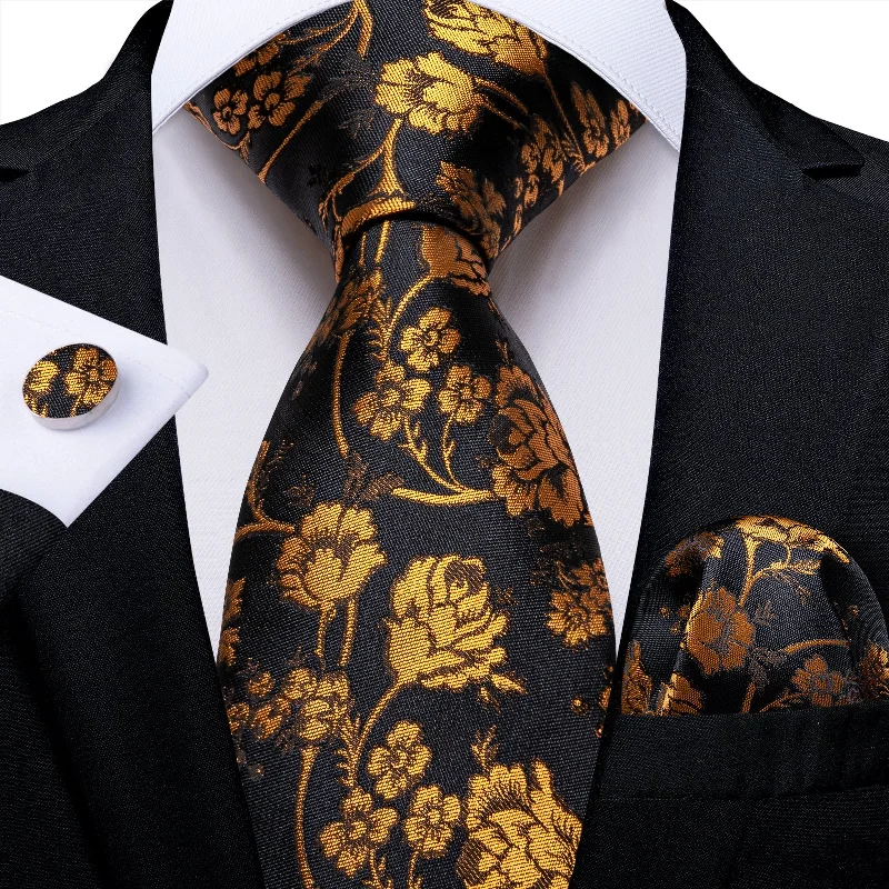 bold color ties for office wear-Black Golden Floral Men's Tie Pocket Square Cufflinks Set