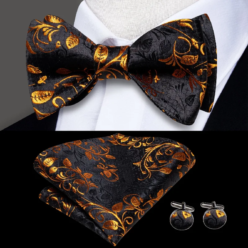 affordable business bow ties-Black Golden Floral Self-tied Bow Tie Pocket Square Cufflinks Set