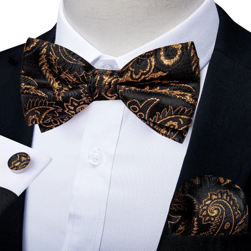 formal necktie sets for weddings-Black Golden Floral Silk Pre-tied Bow Tie Hanky Cufflinks Set