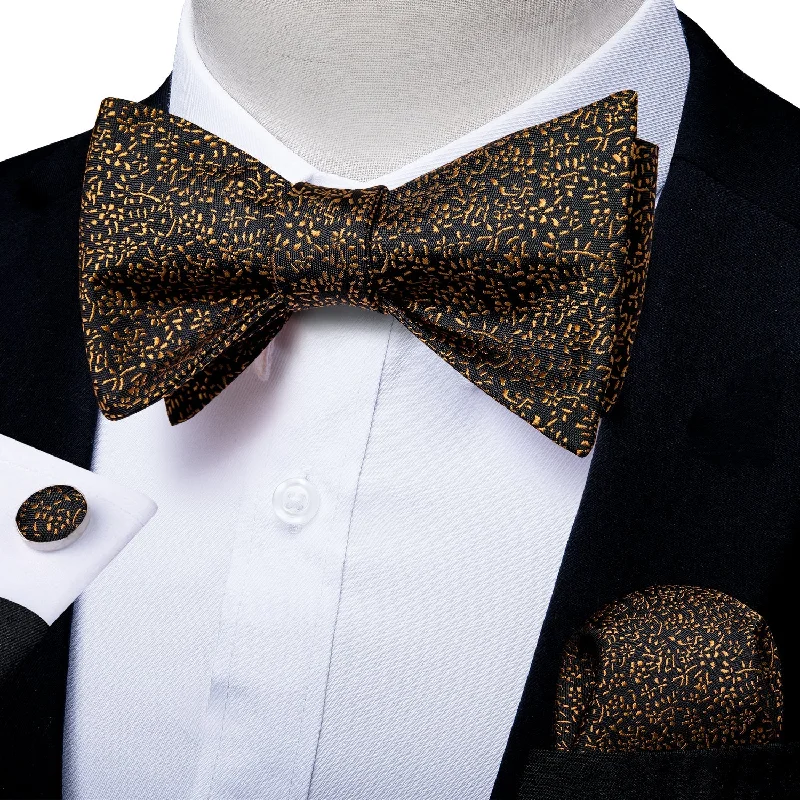 fashionable business ties-Black Golden Floral Silk Self-tied Bow Tie Pocket Square Cufflinks Set