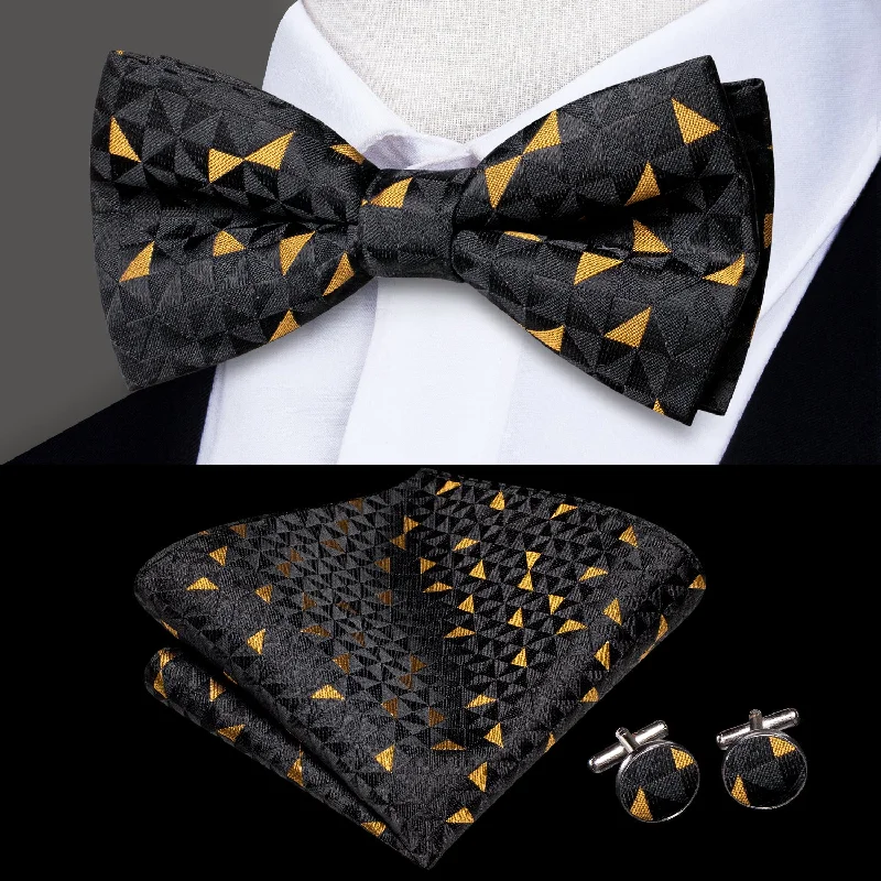 classic business silk bow ties-Black Golden Geometry Novelty Men's Pre-tied Bowtie Pocket Square Cufflinks Set