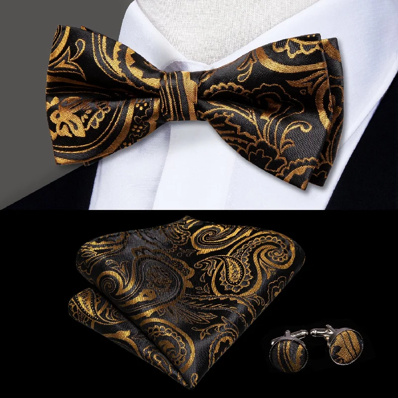 best designer necktie options for men-Black Golden Paisley Pre-tied Bow Tie Hanky Cufflinks Set