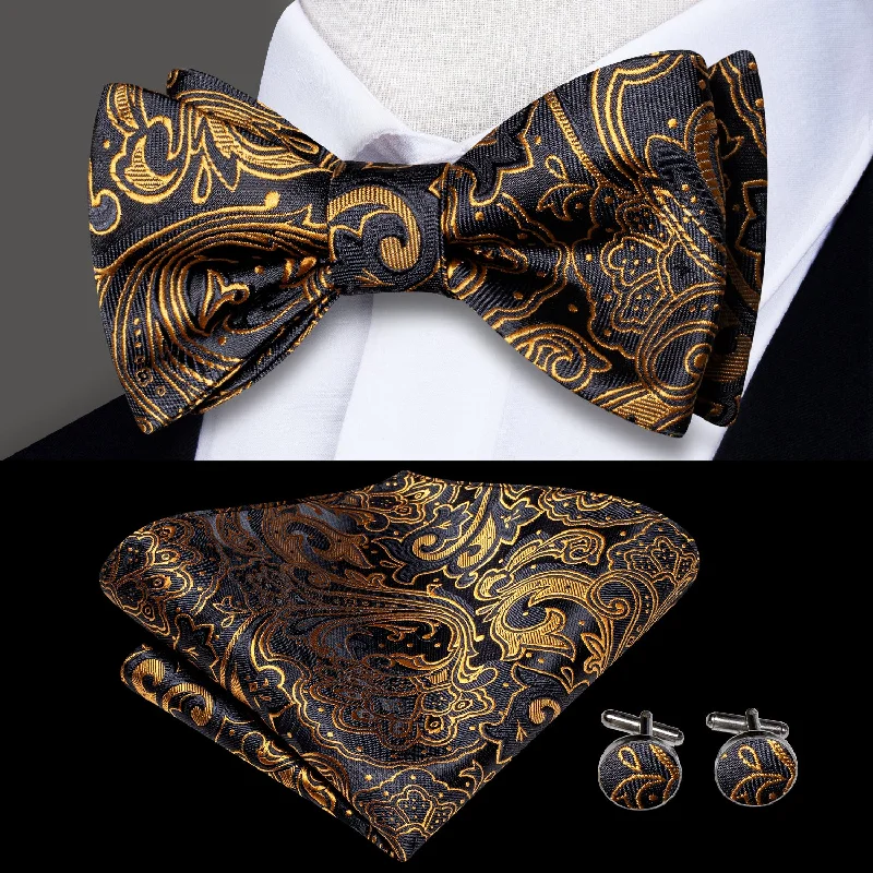 unique ties for formal office wear-Black Golden Paisley Self-tied Bow Tie Pocket Square Cufflinks Set