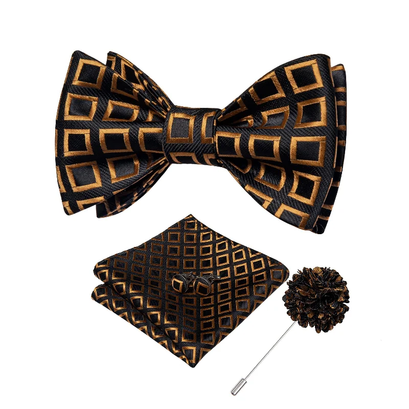 best necktie for weddings-Black Golden Plaid Silk Self-tied Bow Tie Pocket Square Cufflinks Set with Lapel Pin