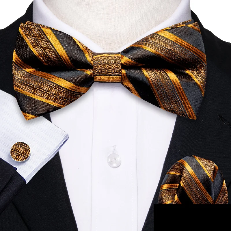 best formal necktie designs-Black Golden Striped Men Pre-tied Bow Tie Hanky Cufflinks Set