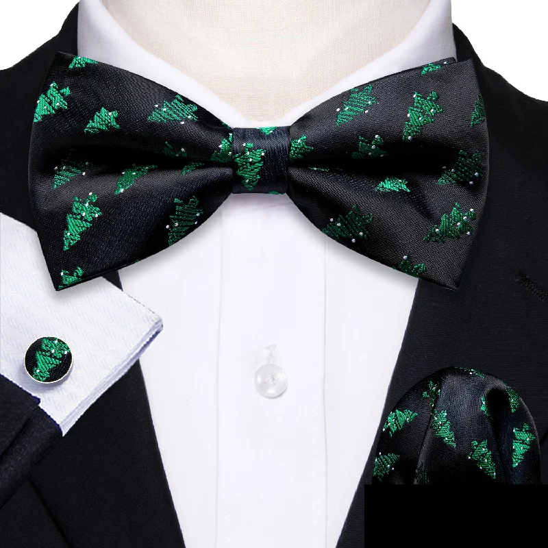 silk ties for professional events-Black Green Christmas Tree Men's Pre-tied Bowtie Hanky Cufflinks Set