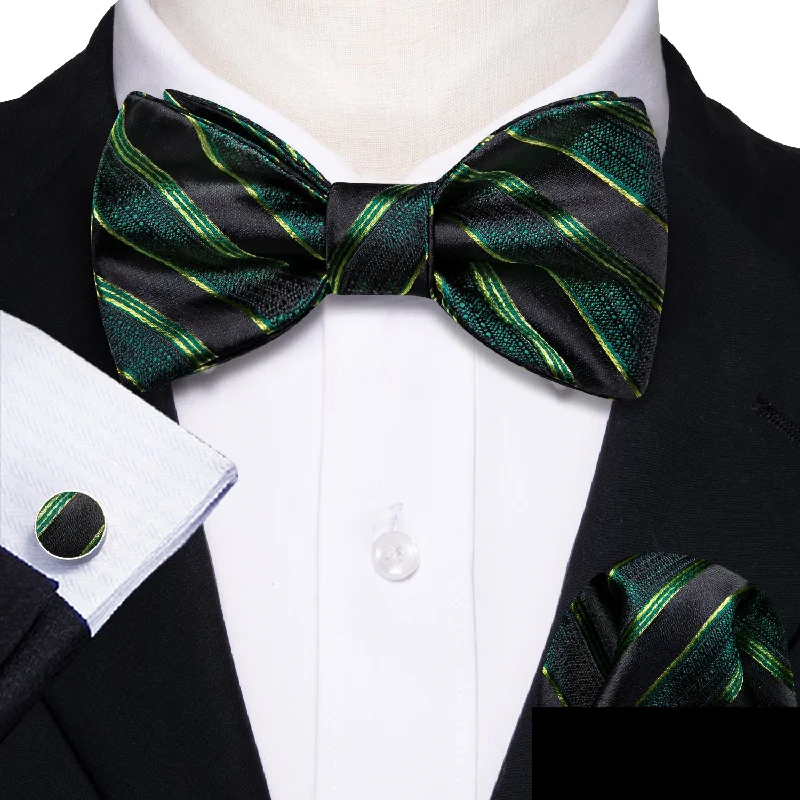 luxury silk bow ties for men-Black Green Striped Self-tied Bow Tie Hanky Cufflinks Set