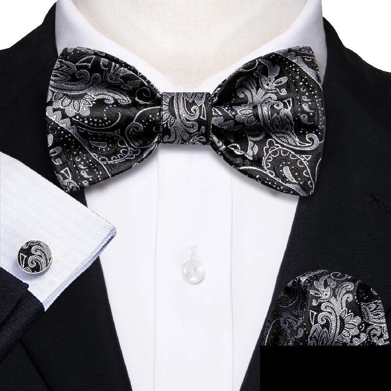 silk necktie bundles for men-Black Grey Paisley Self-tied Bow Tie Hanky Cufflinks Set