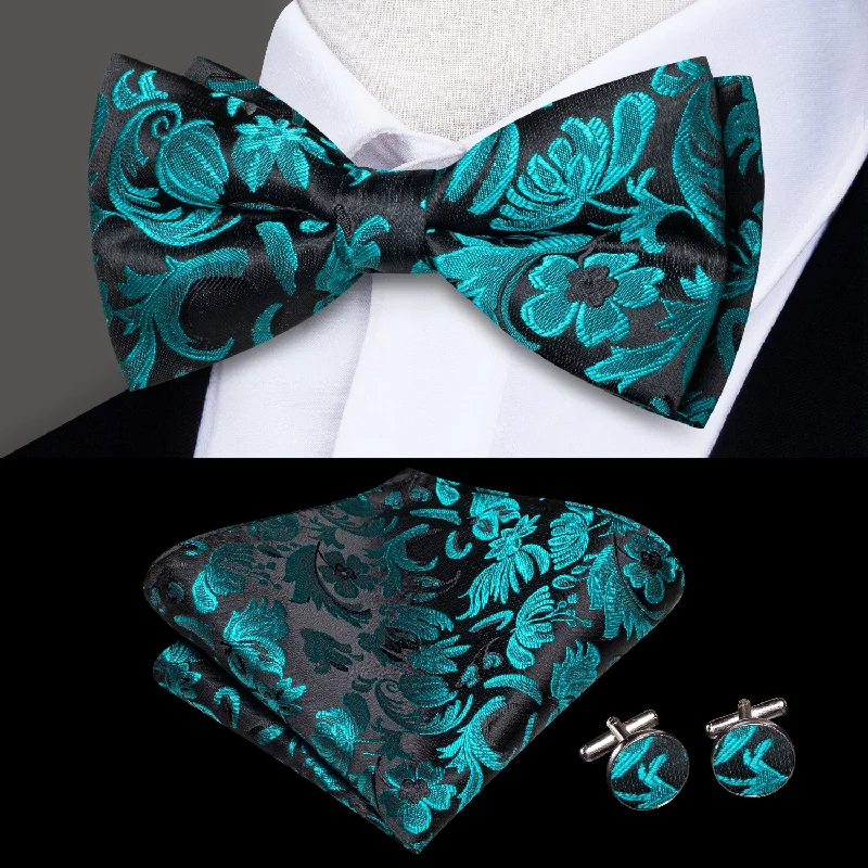 colorful office neckties-Black Lake Blue Floral Men's Pre-tied Bowtie Pocket Square Cufflinks Set