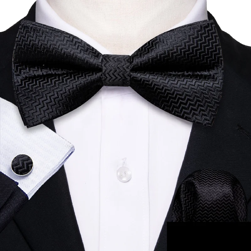 soft cotton ties-Black Novelty Men's Pre-tied Bowtie Pocket Square Cufflinks Set