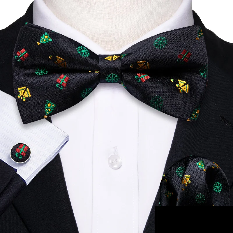 business casual silk ties-Black Novelty Men's Pre-tied Christmas Bowtie Hanky Cufflinks Set