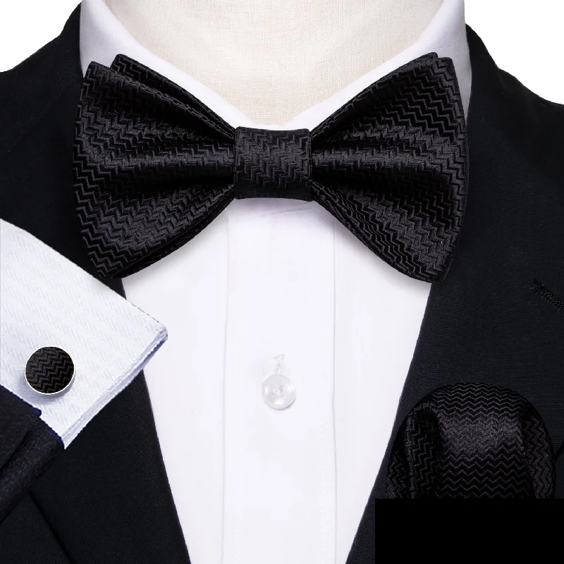 bold patterned neckties for men-Black Novelty Self-tied Bow Tie Pocket Square Cufflinks Set