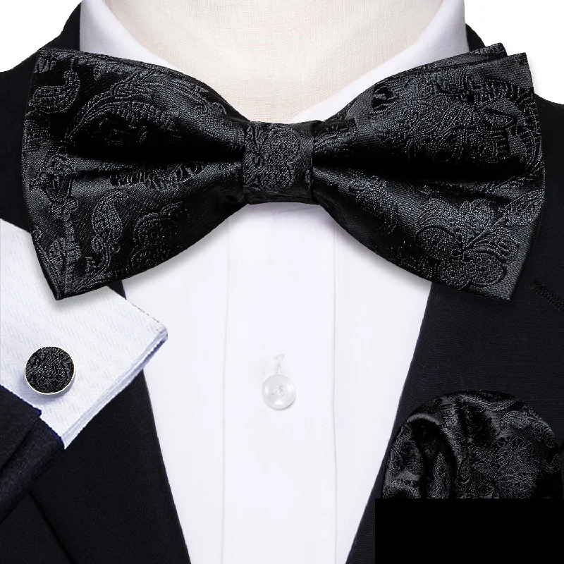 elegant business neckties-Black Paisley Pre-tied Bow Tie Hanky Cufflinks Set