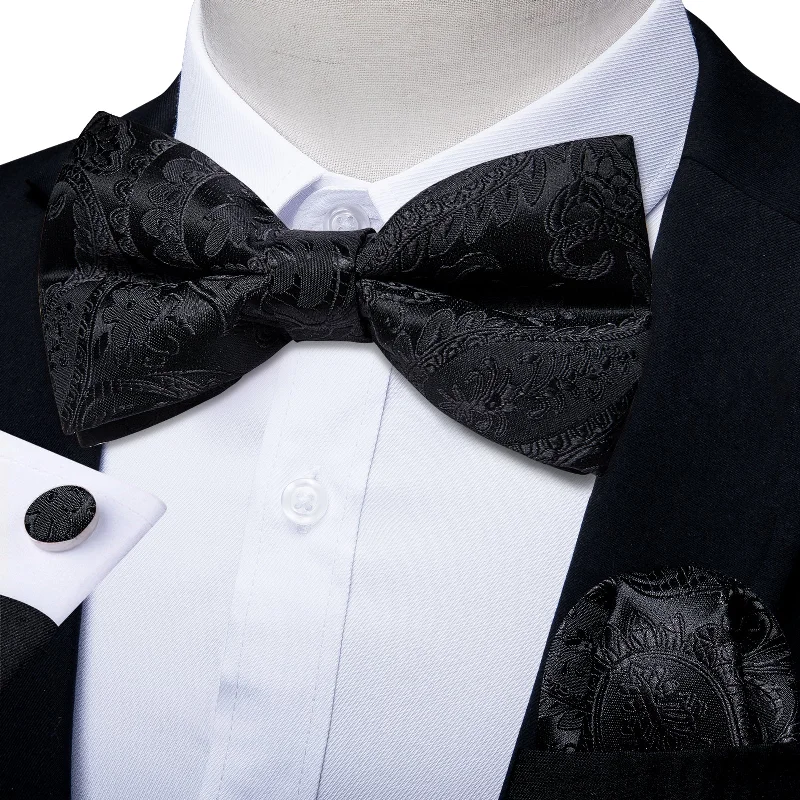 men's silk wedding tie sets-Black Paisley Men's Pre-tied Bowtie Pocket Square Cufflinks Set