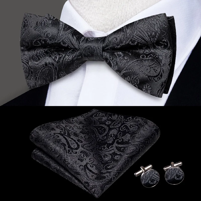 simple necktie styles-Black Paisley Men's Silk Pre-tied Bowtie Pocket Square Cufflinks Set