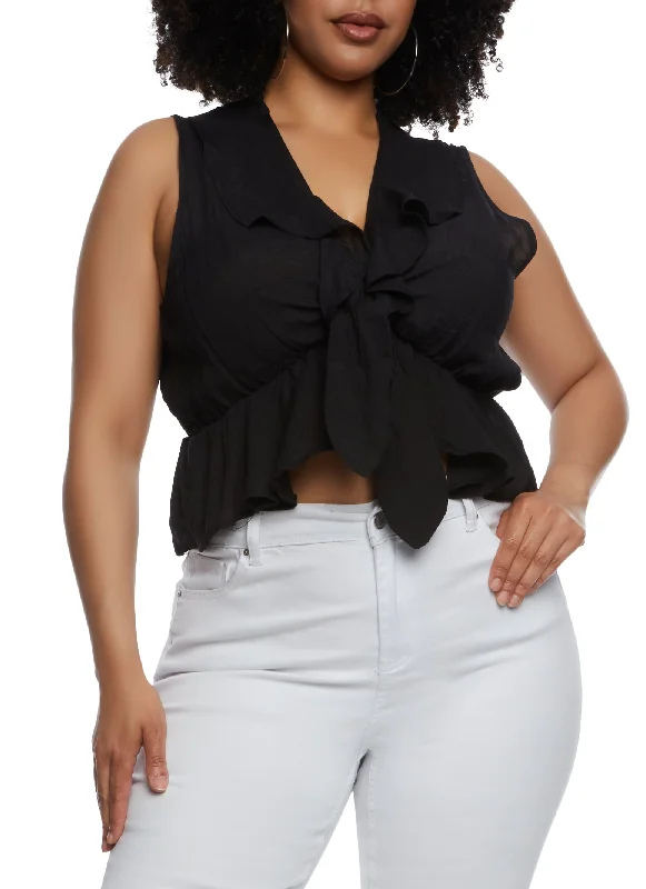 trendy silk necktie combinations-Plus Size Gauze Knit Ruffled Tie Front Crop Top