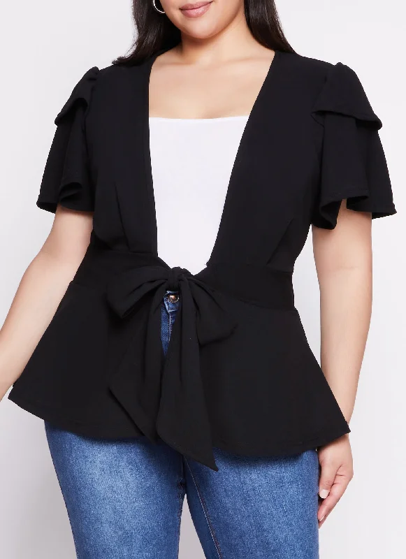 silk ties for luxury events-Plus Size Tiered Sleeve Tie Front Peplum Top