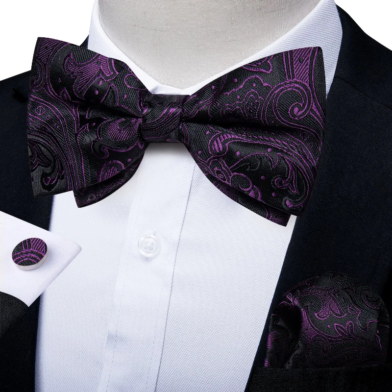 modern necktie colors for men-Black Purple Paisley Men Pre-tied Bowtie Pocket Square Cufflinks Set