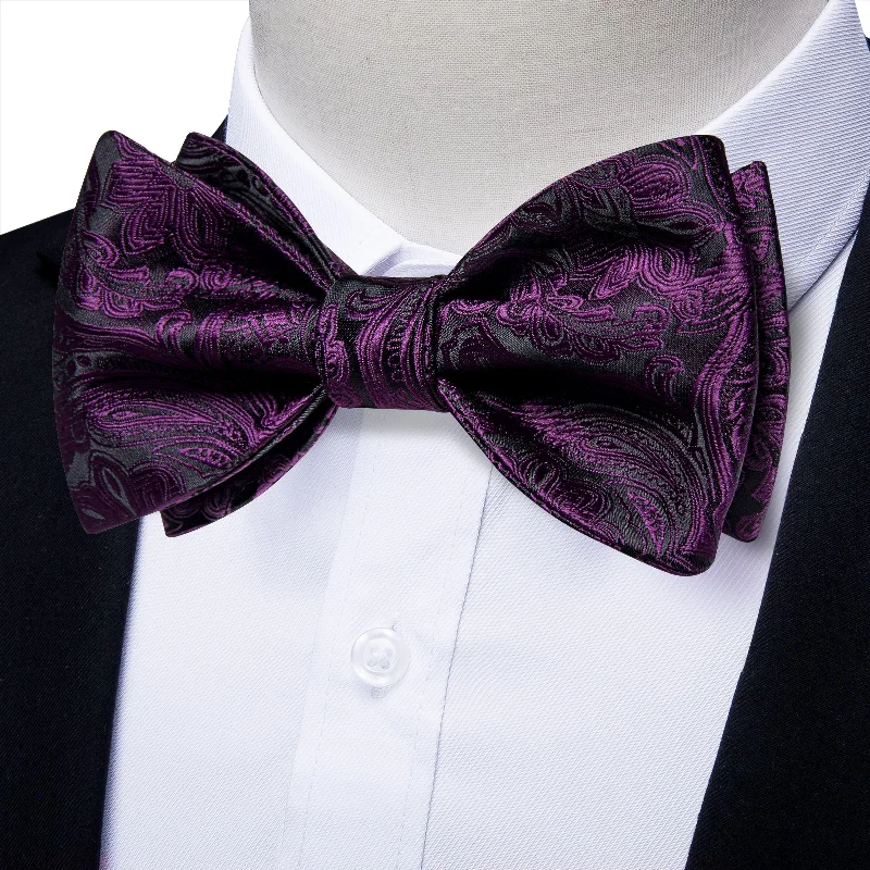 silk ties for casual outfits-Black Purple Paisley Novelty Self-tied Bow Tie Pocket Square Cufflinks Set