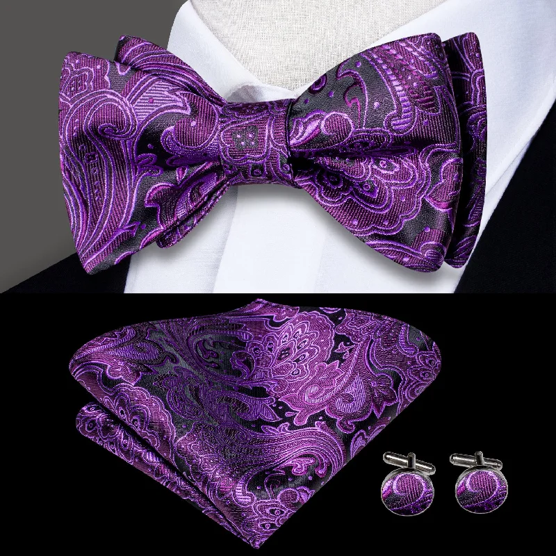 modern silk necktie designs for men-Black Purple Paisley Self-tied Bow Tie Pocket Square Cufflinks Set