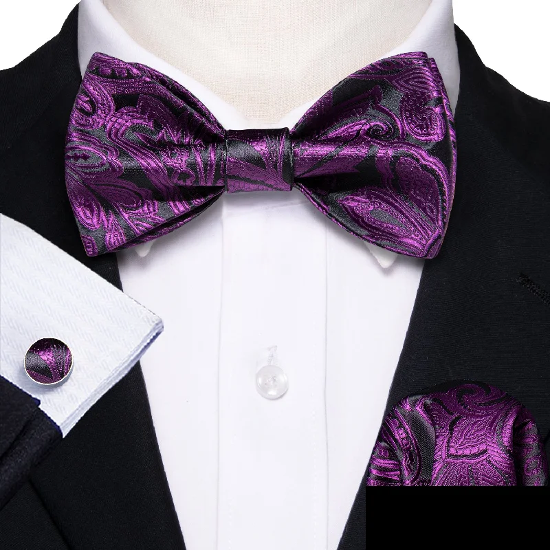 colorful silk ties for men-Black Purple Paisley Self-tied Silk Bow Tie Pocket Square Cufflinks Set