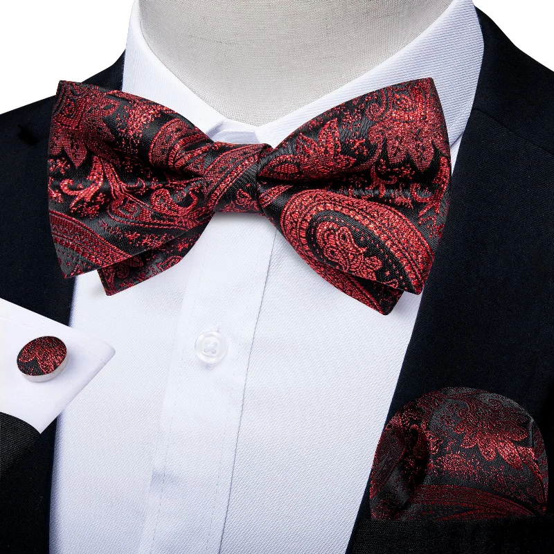 necktie styles for business professionals-Black Red Paisley Men Pre-tied Bowtie Pocket Square Cufflinks Set