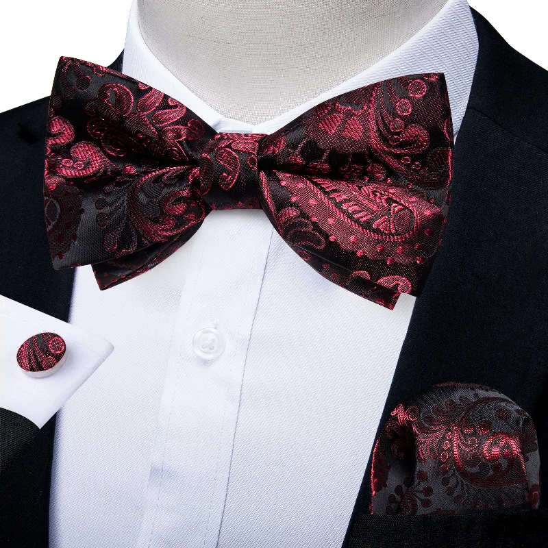 trendy business necktie patterns-Black Red Paisley Men's Pre-tied Bowtie Pocket Square Cufflinks Set