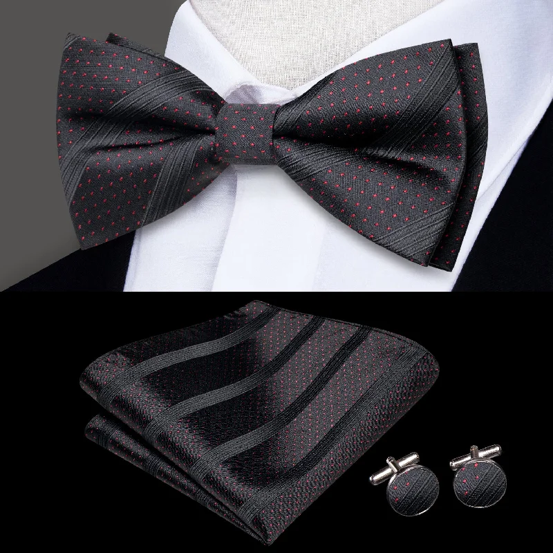 silk ties for casual outfits-Black Red Polka Dot Striped Men's Pre-tied Bowtie Pocket Square Cufflinks Set