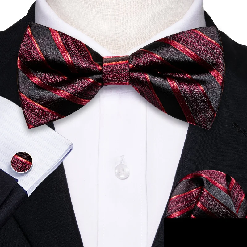 bold patterned neckties for men-Black Red Striped Men's Pre-tied Bowtie Pocket Square Cufflinks Set